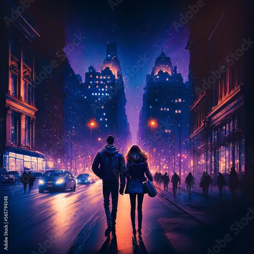 couple walking in the night city Generative AI