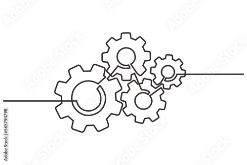 Continuous line drawing of machine gears. concept of gears on a machine in single line style. Engine gear technology concept in doodle style.