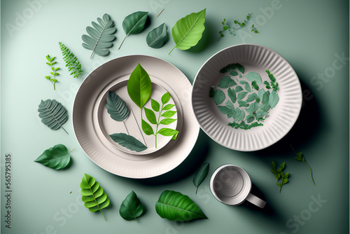 Wallpaper Mural Disposable dishes made from green leaves. Biodegradable dishes are designed to reduce waste and help the environment. Safe for food contact. Eco-friendly company concept. Torontodigital.ca