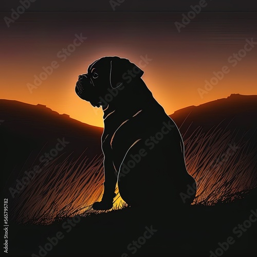 Pug dog silhouette on a light and sunset background. Digital illustration generative ai