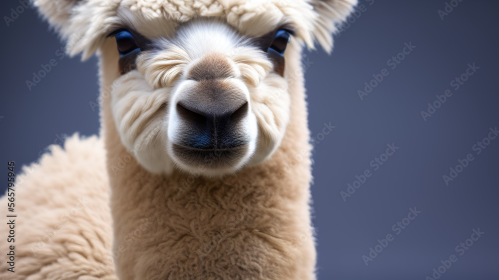 Obraz premium funny alpaca in front of a blue studio background, Generative AI