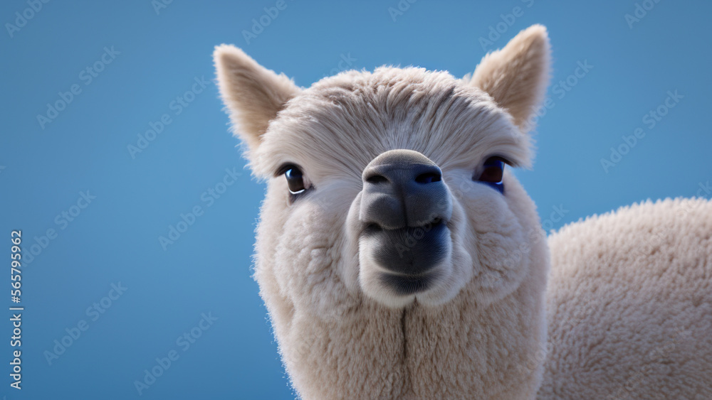 Obraz premium funny alpaca in front of a blue studio background, Generative AI