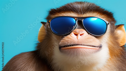 funny monkey with sunglasses in front of a blue studio background, Generative AI