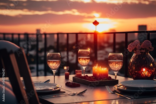 valentine day celebration with champagne, and bokeh background with candle light dinner, concept, valentine's day, Generative AI