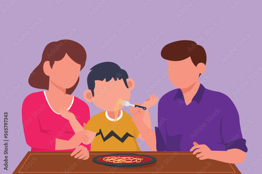 Graphic flat design drawing young family having lunch together in restaurant. Parents feed they son with love. Happy little family eating noodle or Italian spaghetti. Cartoon style vector illustration Graphic flat design drawing young family having lunch together in restaurant. Parents feed they son with love. Happy little family eating noodle or Italian spaghetti. Cartoon style vector illustration
