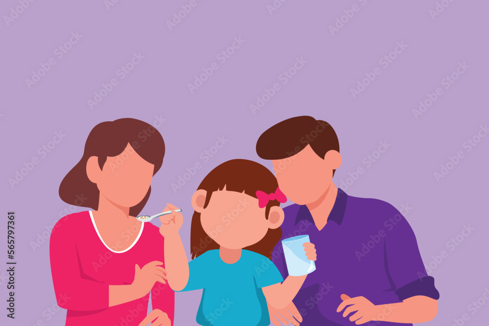 Graphic flat design drawing of young family having breakfast together with cereal and glass of milk at home. Daughter feeds her mother with love. Happy little family. Cartoon style vector illustration
