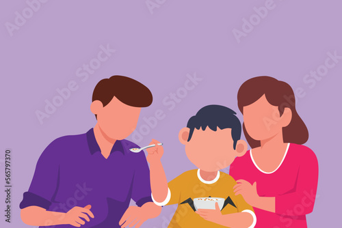 Graphic flat design drawing of young family having breakfast together with cereal and milk in restaurant. Little boy feeds his father with love. Happy little family. Cartoon style vector illustration