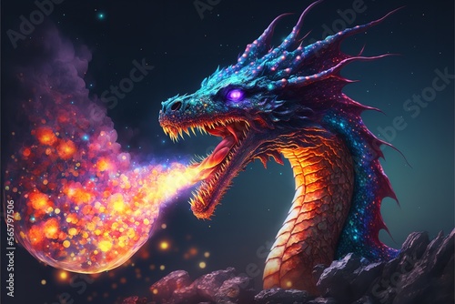 3D rendered Dragon spitting fire. Dragon spitting fire from mouth. Generative Ai.