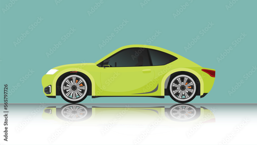 Concept vector illustration of detailed side of a flat green sports car. with shadow of car on reflected from the ground below. And isolated soft green background.