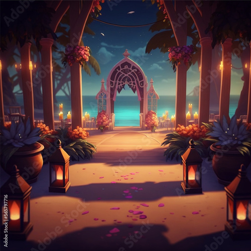 wedding in beach cartoon stage decorated path cinematic Generative AI