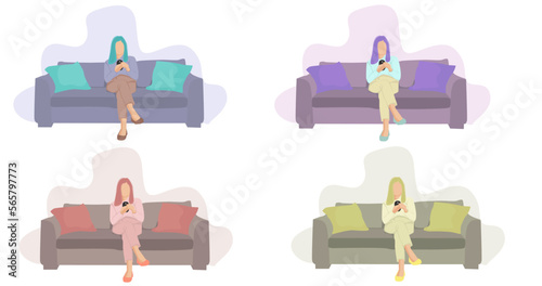 4 colors women web flat design, working for home with mobile photo