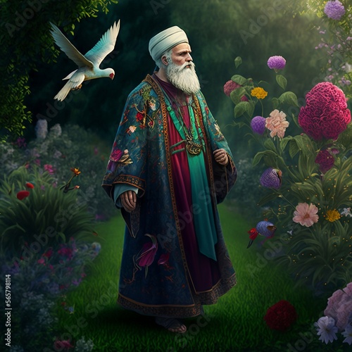 Islamic Famous man face. Sufi saint like Rumi, Hafiz, Khaiyaam, Amir Khusru. Ancient Sufi art. Assence of sufism. Sufi Floral Illustrations. photo