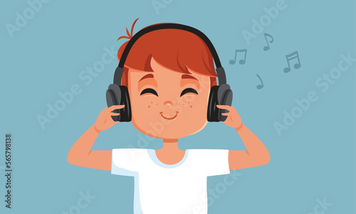 Happy Boy Listening to His Favorite Song Vector Cartoon Illustration. Cheerful kid wearing headphones feeling relaxed 
