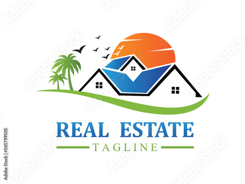Wallpaper Mural Real estate logo design icons with sun, birds and palm tree vector illustration Torontodigital.ca