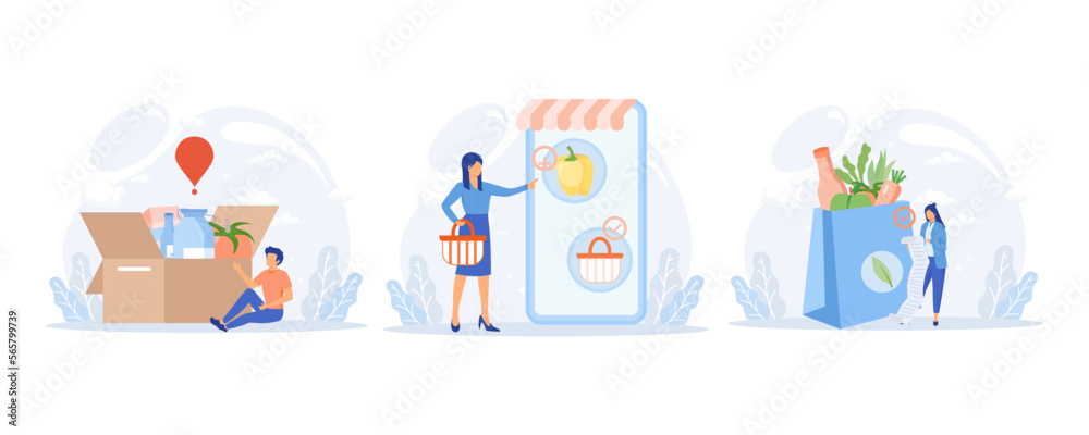 Obraz premium Grocery food illustration. Character buying online fresh organic vegetables and other groceries, paying for an order and receiving delivery. flat vector modern illustration