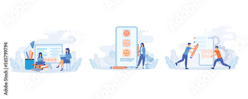 Customer support illustration. Characters using online helpdesk platform. People asking a questions and receiving answers from helpdesk operator or chatbot. flat vector illustration