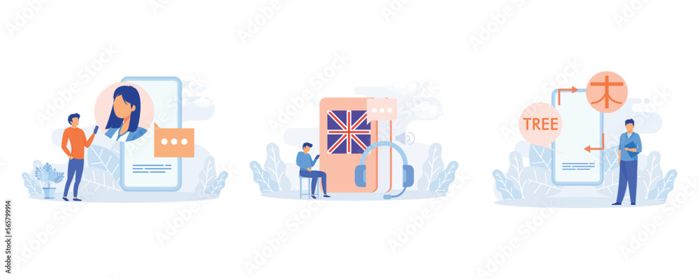 Characters learning English language illustration. . Student studying with smartphone, book and practicing reading, listening and speaking in English. Online education concept. flat vector modern illu