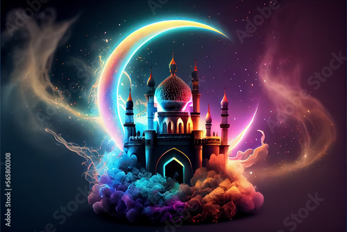 Photo illustration of neon colors mosque with high minaret on the night
