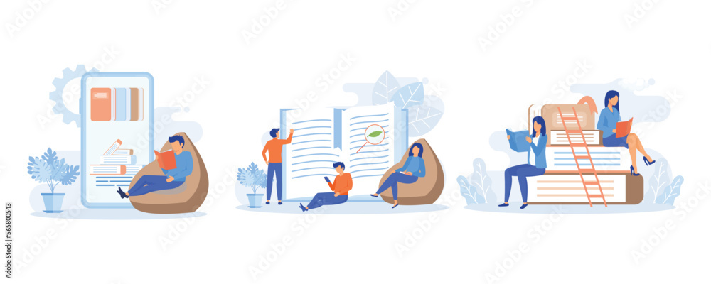 Various Online Education, Knowledge and Library Icons. People Characters Reading Books. Girls and Boys with Open Books in Hands Studying in Library. flat vector modern illustration 
