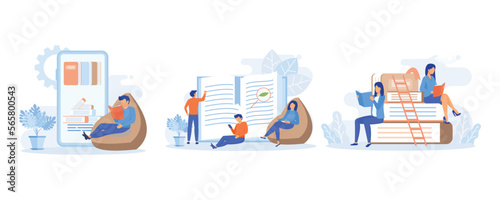 Various Online Education  Knowledge and Library Icons. People Characters Reading Books. Girls and Boys with Open Books in Hands Studying in Library. flat vector modern illustration 