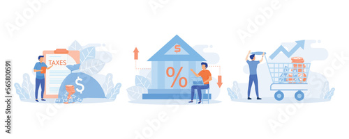 Public finance illustration. Central bank conduct monetary or fiscal policy to control interest rate and reduce inflation. Characters integrating with government institutions. flat vector modern illus