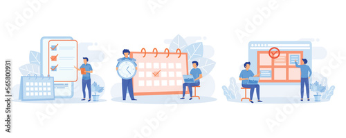 Schedule planning illustration. Characters planning work tasks, filling check list, making schedule using calendar. Business and organization concept. flat vector modern illustration
