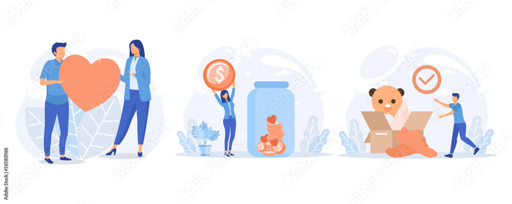 Fototapeta premium Donation illustration. Volunteers collecting and packing used clothes in boxes for charity. Characters putting money and hearts in jar. flat vector modern illustration