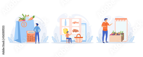 Grocery store illustration. Character buying in supermarket and online fresh organic vegetables and other groceries. flat vector modern illustration