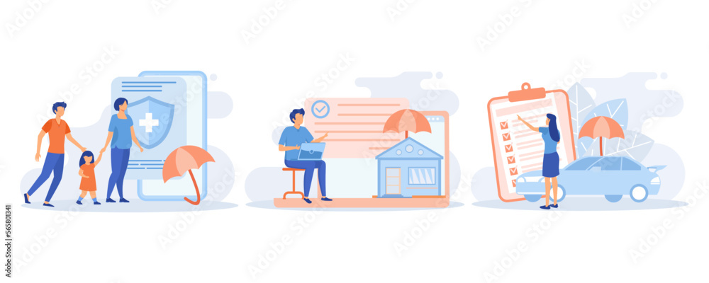 Insurance illustration. Characters presenting car, property and family health or life insurance policies with risk coverage. Insured persons and objects. flat vector modern illustration