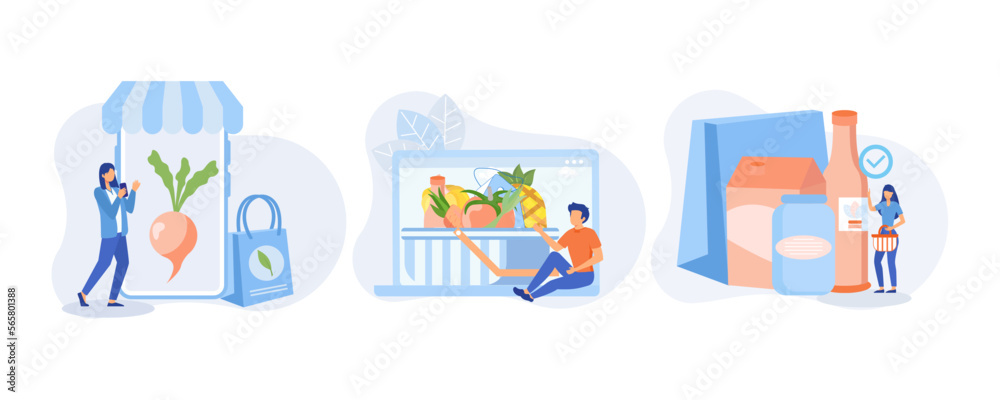Fototapeta premium Grocery food shopping illustration. Character buying online on laptop and smartphone fresh organic vegetables and grocery items. flat vector modern illustration