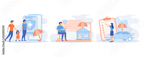 Insurance illustration. Characters presenting car, property and family health or life insurance policies with risk coverage. Insured persons and objects. flat vector modern illustration