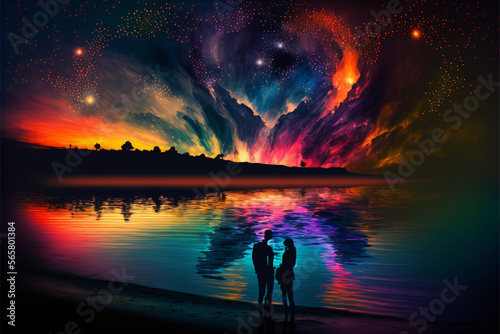 Colorful landskape, colour of rainbow, valentine gift, couple of true love, bench, seat, lovecolours, sky, stars, space, AI generative © Rememberland