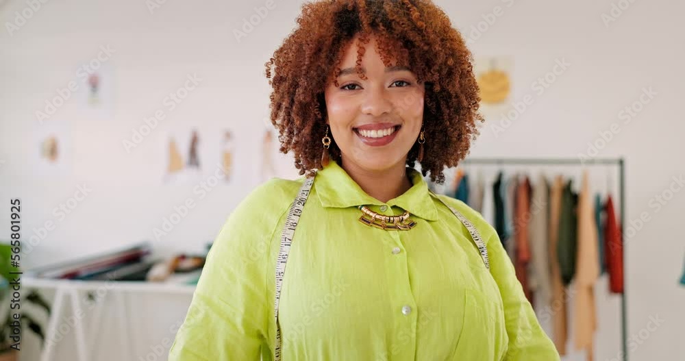 Creative woman, fashion designer and face of tailor standing by work desk with smile for startup. Portrait of happy confident female manager smiling in clothing, fabric or garment in studio workshop Creative woman, fashion designer and face of tailor standing by work desk with smile for startup. Portrait of happy confident female manager smiling in clothing, fabric or garment in studio workshop