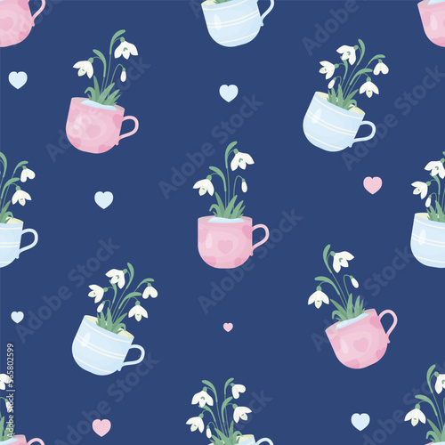 Spring seamless pattern. Bouquet of snowdrop flowers in cup on blue background. Vector illustration. Botanical pattern for decor, design, packaging, wallpaper, textile.