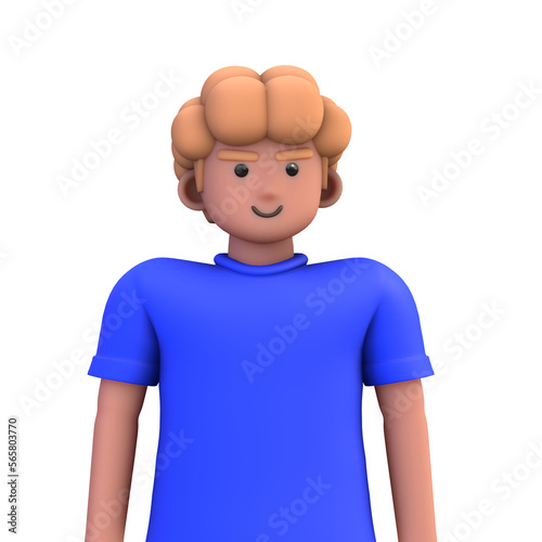 3D ILLUSTRATION RENDERING. PORTRAIT SMILLING MAN CUTE CARTOON CHARACTER YOUNG MALE MODEL STANDING ON ISOLATED WHITE BACKGROUND. MINIMAL SOCIAL MEDIA AVATAR PEOPLE PROFILE PICTURE DESIGN. 