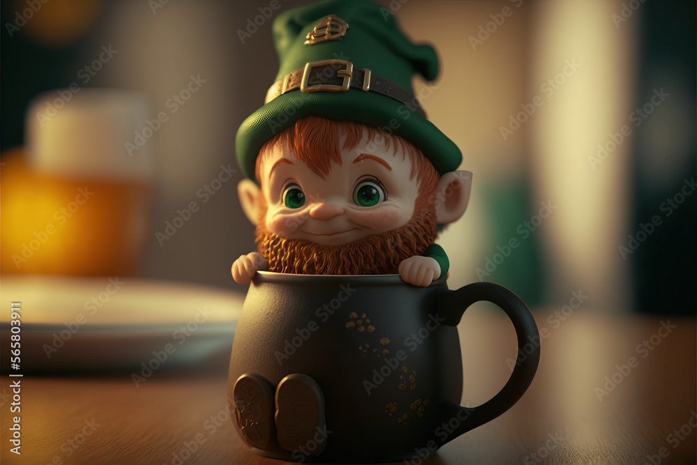 Naklejka premium Tiny leprechaun in a cup — Generative AI