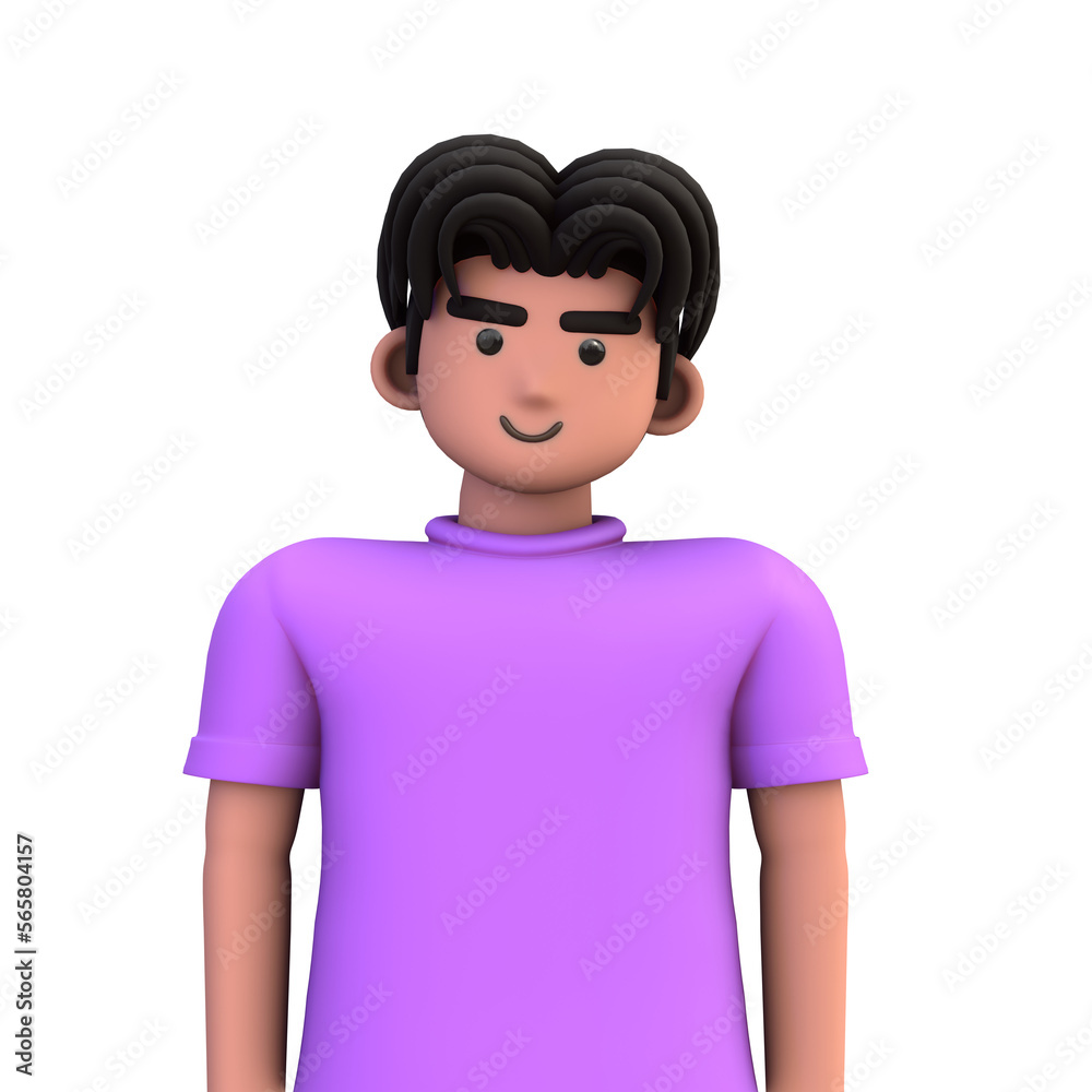 3D ILLUSTRATION RENDERING. PORTRAIT SMILLING MAN CUTE CARTOON CHARACTER YOUNG MALE MODEL STANDING ON ISOLATED WHITE BACKGROUND. MINIMAL SOCIAL MEDIA AVATAR PEOPLE PROFILE PICTURE DESIGN. 