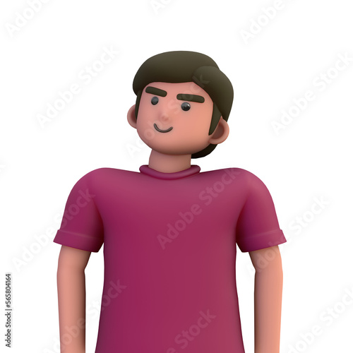 3D ILLUSTRATION RENDERING. PORTRAIT SMILLING MAN CUTE CARTOON CHARACTER YOUNG MALE MODEL STANDING ON ISOLATED WHITE BACKGROUND. MINIMAL SOCIAL MEDIA AVATAR PEOPLE PROFILE PICTURE DESIGN. 