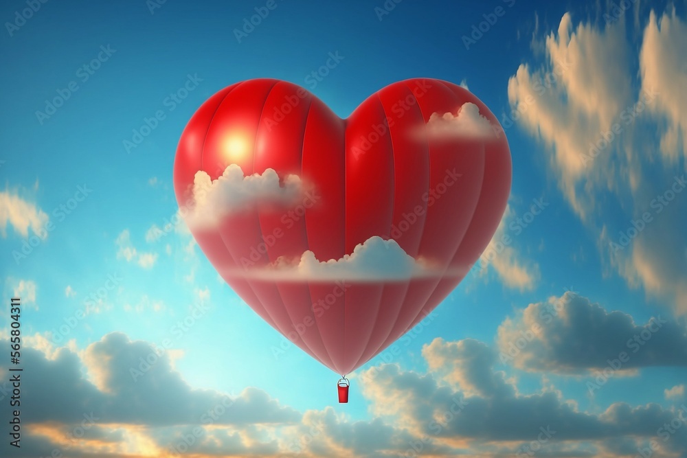 Fototapeta premium Heart shaped hot air balloon floating in blue sky at dawn. Valentine's day love illustration.