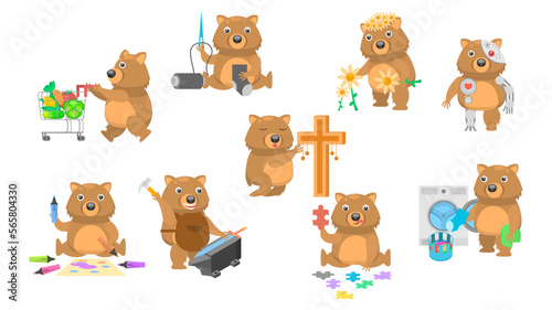 Big Set Abstract Collection Flat Cartoon Different Animal Wombats Vector Design Fauna Wildlife