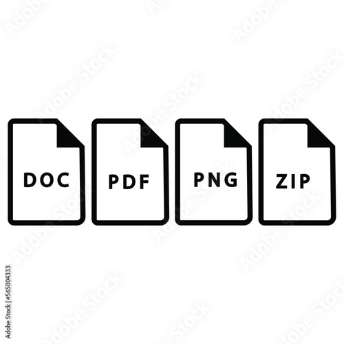 Document file icons. DOC, PDF, PNG, ZIP. Set of icons isolated on white background. Vector illustration.