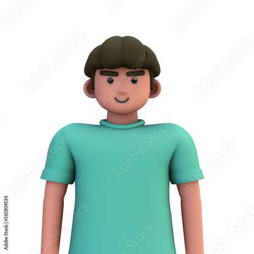 3D ILLUSTRATION RENDERING. PORTRAIT SMILLING MAN CUTE CARTOON CHARACTER YOUNG MALE MODEL STANDING ON ISOLATED WHITE BACKGROUND. MINIMAL SOCIAL MEDIA AVATAR PEOPLE PROFILE PICTURE DESIGN. 