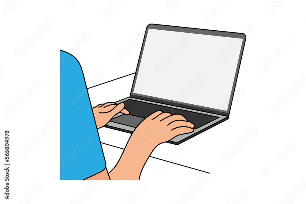 Illustration of a hand on laptop use vector line art white background ...