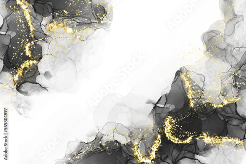 Beautiful alcohol ink. Abstract black art with a gold—black background with beautiful smudges, stains, and splashes made with alcohol ink. The gold fluid texture resembles space
