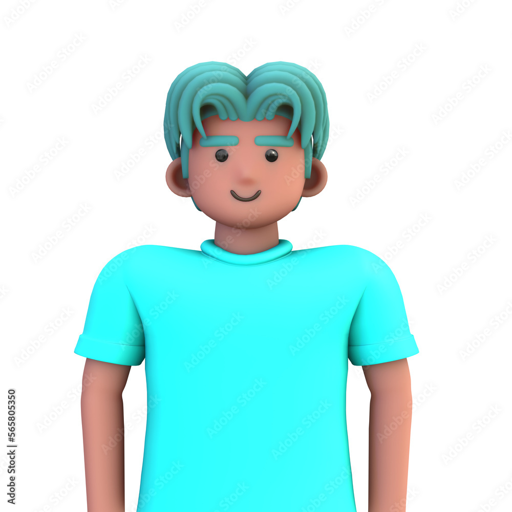 3D ILLUSTRATION RENDERING. PORTRAIT SMILLING MAN CUTE CARTOON CHARACTER YOUNG MALE MODEL STANDING ON ISOLATED WHITE BACKGROUND. MINIMAL SOCIAL MEDIA AVATAR PEOPLE PROFILE PICTURE DESIGN.