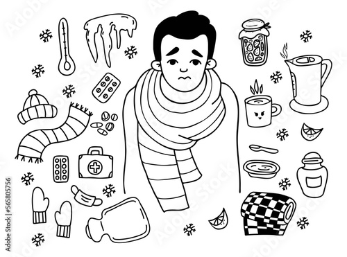 Sick sad man wrapped in scarf. Collection of medical supplies: pills, first aid kit, hat, gloves, jam, kettle, heating pad and thermometer. Isolated vector linear doodles