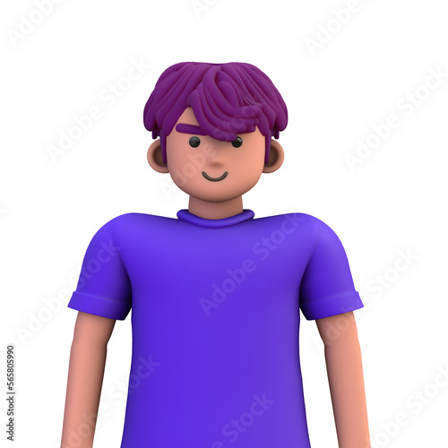 3D ILLUSTRATION RENDERING. PORTRAIT SMILLING MAN CUTE CARTOON CHARACTER YOUNG MALE MODEL STANDING ON ISOLATED WHITE BACKGROUND. MINIMAL SOCIAL MEDIA AVATAR PEOPLE PROFILE PICTURE DESIGN.