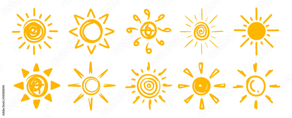 Fototapeta premium Sun icons design bundle collection. Hand drawn doodle nature heat symbol.