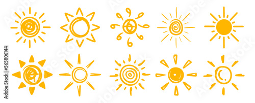 Sun icons design bundle collection. Hand drawn doodle nature heat symbol.