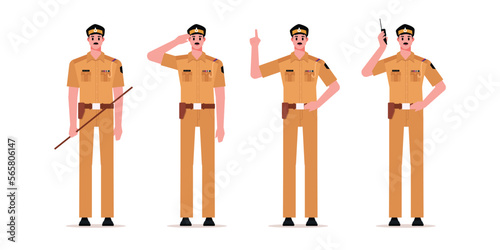 Indian police officer khaki uniform poses illustration